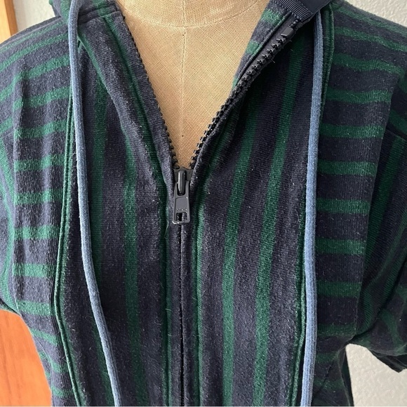 SACAI sz 2 M Navy Blue Green Striped Hooded Dress Short Sleeve Half Zip - Picture 3 of 14